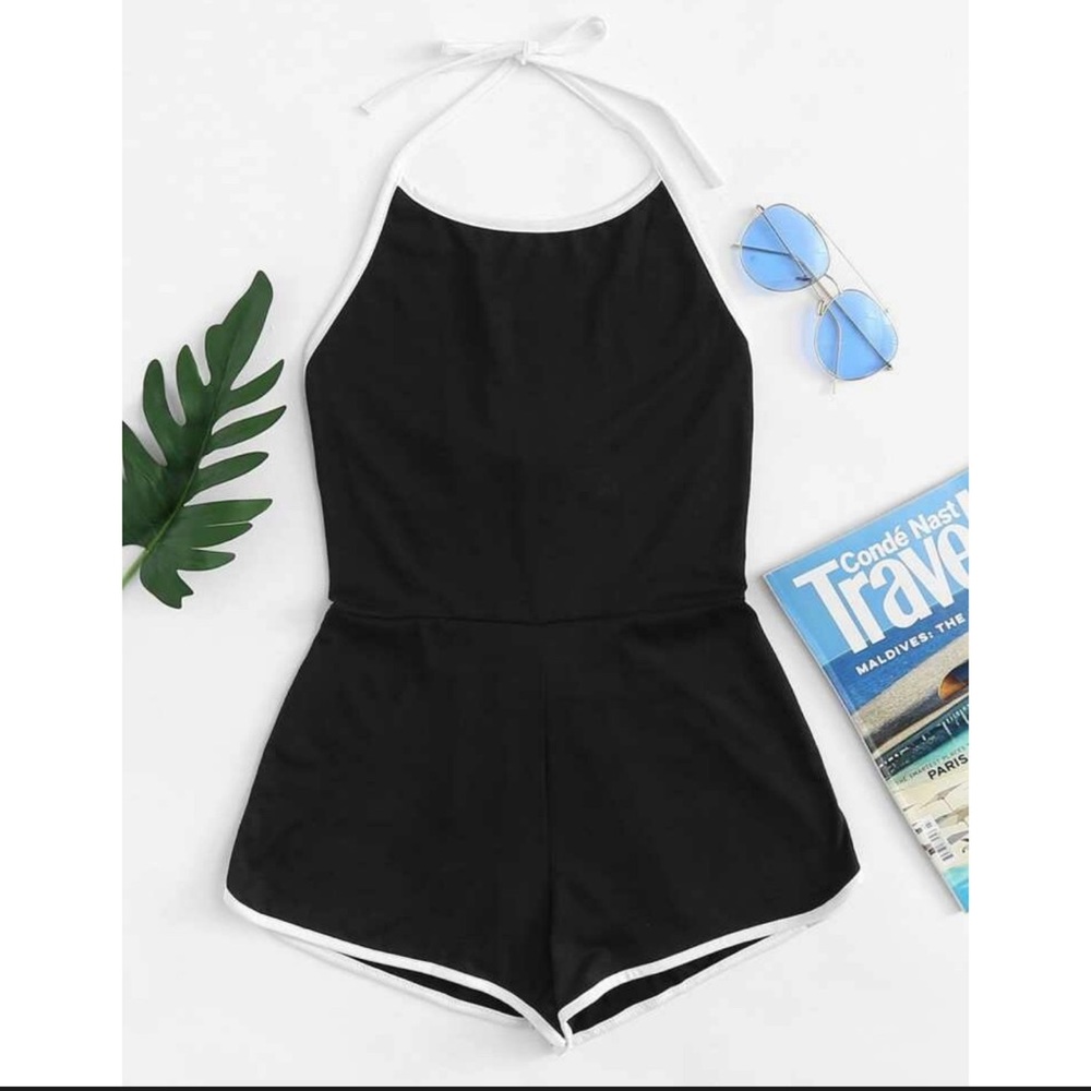 SHEIN Black Halter Romper with White Trim